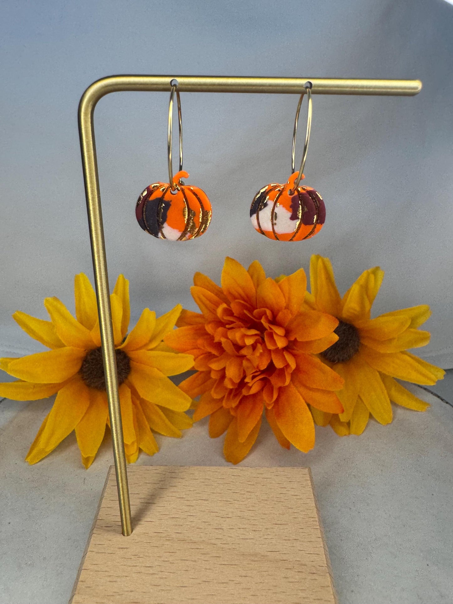 Handmade Pumpkin Polymer Clay Hoop Earrings | Fall Jewelry | Autumn Dangle Earrings | Fall & Halloween Gift